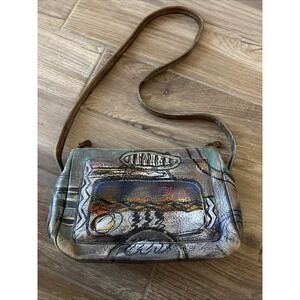 Jane‎ Yoo handpainted leather crossbody women's bag Wearable Art